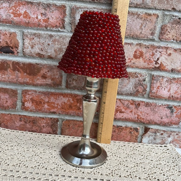 Tea Light Candle Lamp With Red Beaded Shade Silver Tone Metal Base - Picture 7 of 12